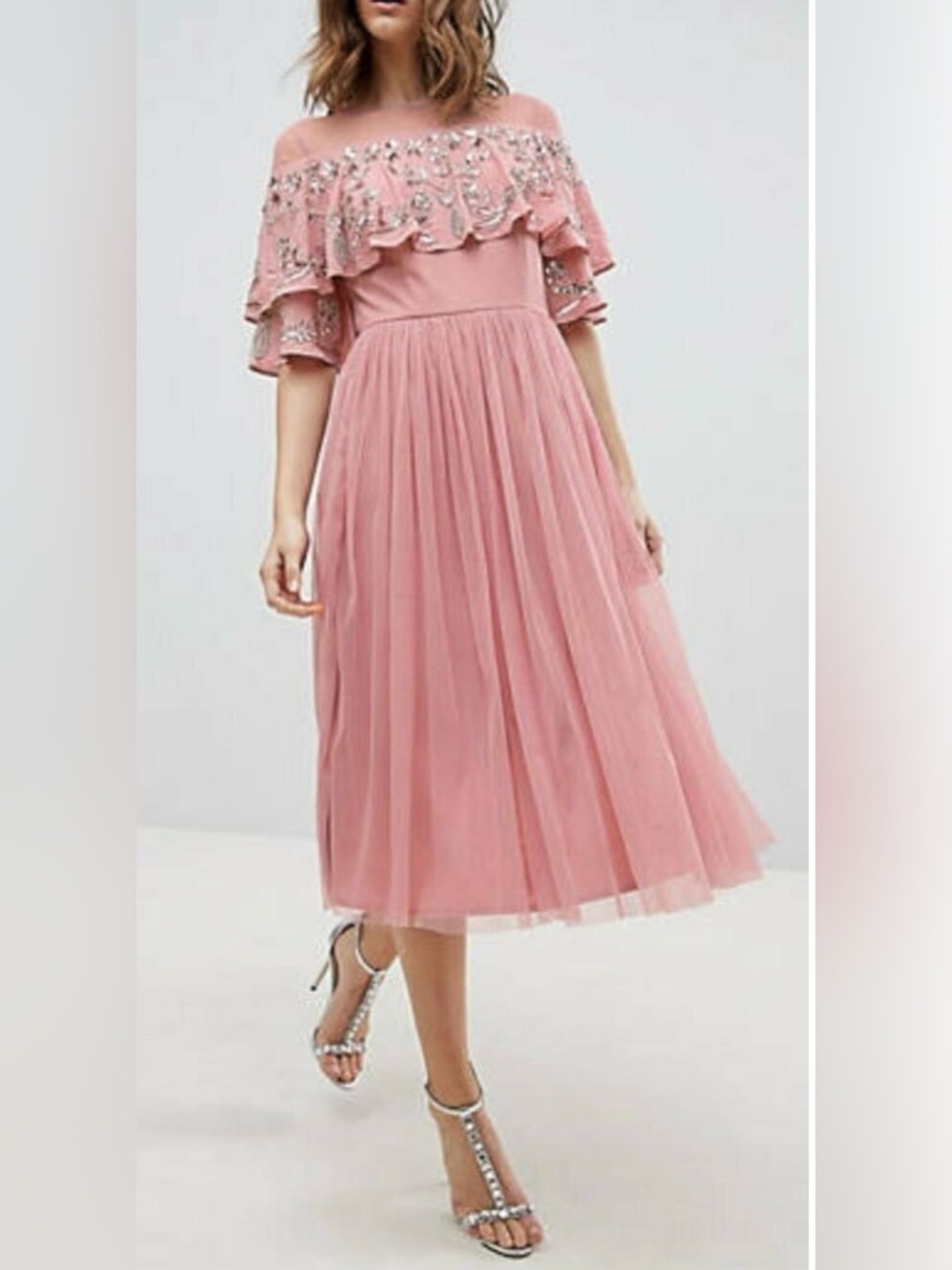 NEW MAYA DELUXE SHEER DETAIL SEQUIN CAPE OVERLAY DETAIL MIDI DRESS SZ US 6 UK 10